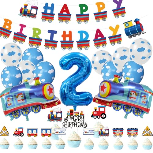 Zug-Dekoration zum 2. Geburtstag, Jungen, Partyzubehör mit Zahlen, Folienballons, Geburtstagsbanner, Latex-Luftballons für Kinder, Zug-Party-Dekoration (2 Jahre altes Geburtstag) von SKIRUP