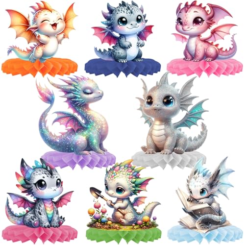 SKJIAYEE Bunte Drachen-Geburtstagsparty-Dekorationen, 8 Stück, niedliche Drachen-Thema, Waben-Tischaufsätze für Babyparty oder Kindergeburtstag, Party-Dekorationen, Ideen, Witze und Gastgeschenke von SKJIAYEE