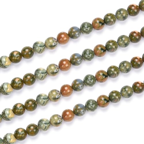 2 Stränge natürlicher grüner Rhyolith, Regenwald-Jaspis, Heilstein, 4 mm, kleine runde Perlen, Edelstein-Abstandshalter (176–186 Stück) für Bastelarbeiten, Schmuckherstellung, GF4-4 von SKKIKHYBPO