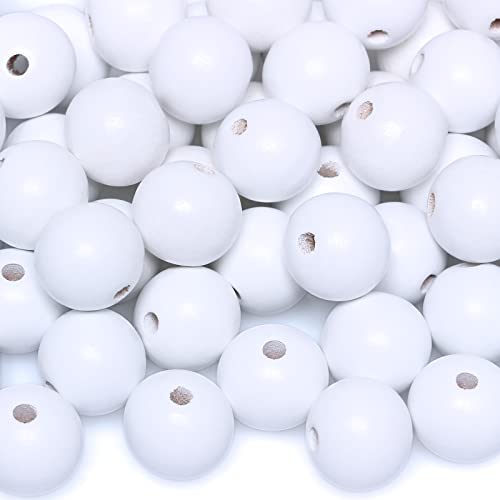20 mm große, weiße runde Holzperlen für Girlanden, glatte lose Perlen, Abstandshalter, Perlenzubehör für Perlenhandwerk, 48 Stück (4 mm Loch) von SKKIKHYBPO