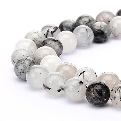 GY17-10 natürliche schwarze Quarz-Rutil-Heilsteine, 10 mm, runde lose Perlen, Abstandshalter (68–74 Stück) für Bastelarbeiten, Schmuckherstellung, 2 Stränge von SKKIKHYBPO