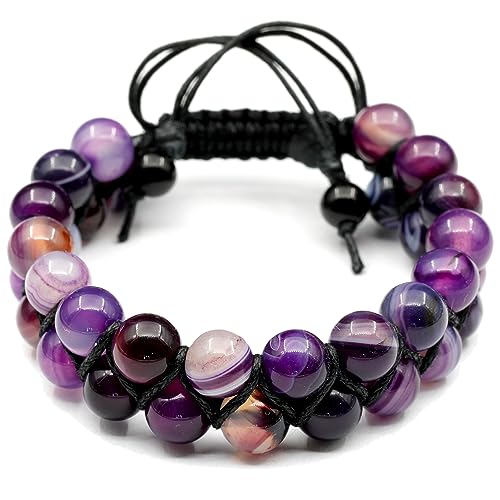 - Natürlicher lila Achat-Perlenarmband, echter Edelstein, meditierender Stein, Kristall, Makramee-Armband, Unisex-Armband (Damen, lila Achat) von SKKIKHYBPO