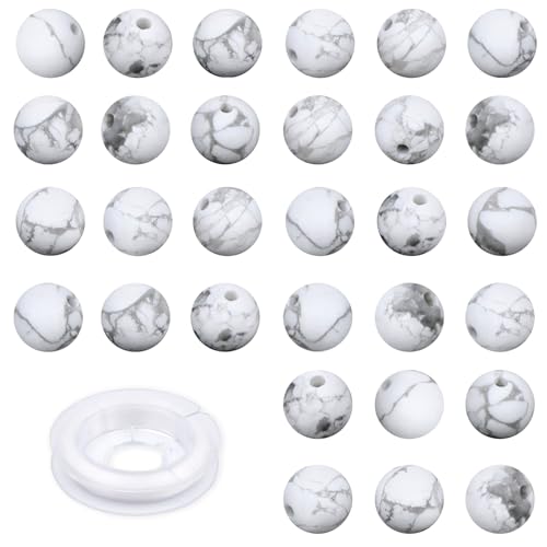 Natursteinperlen, 10 mm, 100 Stück, mattweißer Howlith, rund, echter Stein, lose Edelstein-Lochgröße, 1 mm, DIY-Charm, glatte Perlen für Armband, Halskette, Ohrringe (mattweißer Howlith, 10 mm) von SKKIKHYBPO