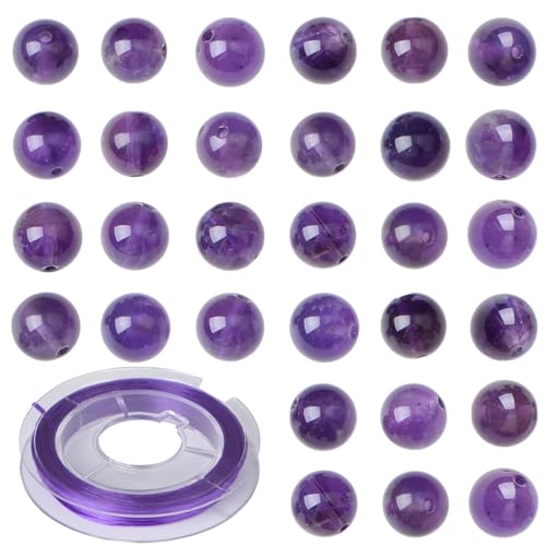 Natursteinperlen, Amethyst, rund, echter Stein, lose Edelstein-Perlen, Lochgröße 1 mm, glatte Perlen für Armband, Halskette, Ohrringe, 100 Stück (Amethyst, 10 mm) von SKKIKHYBPO