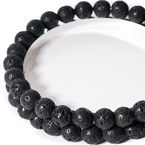 Runde Lava-Perlen, 8 mm, Schwarz, 45 Stück, Edelsteinperlen für Schmuckherstellung, DIY-Armbänder, Halsketten – inklusive Kristall-Stretchschnur – Steinperlen zum Basteln von Geschenken von SKKIKHYBPO