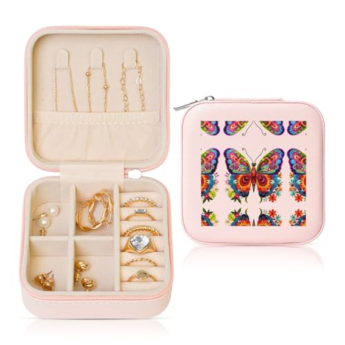 Quadratische Schmuckschatulle mit Stickerei, farbenfroher Schmetterlingsdruck, tragbare Aufbewahrungsbox für Damen, Ringe, Ohrringe, Halsketten von SKKNT