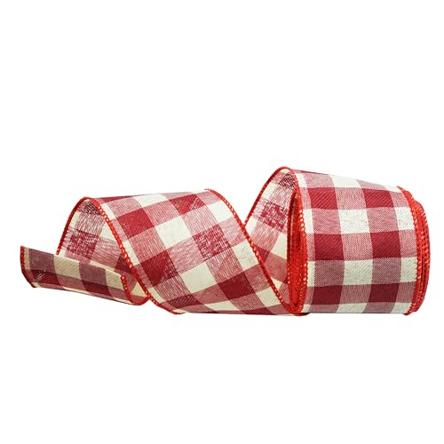 Schwarzes und gewebtes Juteband mit Draht, kariertes Stoffband für Bastelarbeiten, Kranzschleifen, Weihnachtsdekoration, Rot und Beige von SKOVVART