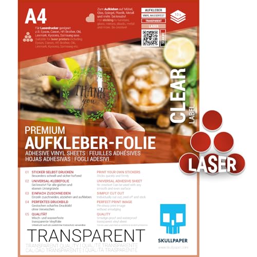 SKULLPAPER® Klebefolie transparent zum Aufkleben und selbst Gestalten - für Laserdrucker (A4-10 Blatt) von SKULLPAPER