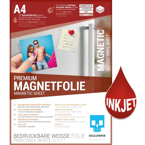 SKULLPAPER® Premium DIY Magnetfolie weiß bedruckbar bemalbar bestempelbar - für Inkjet Tintenstrahldrucker (A4-10 Blatt) von SKULLPAPER