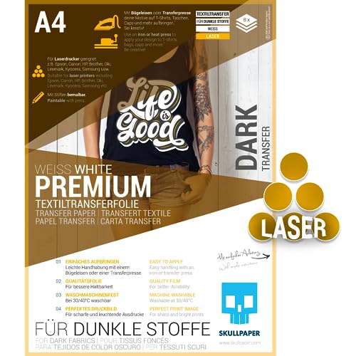 SKULLPAPER Transferfolie FÜR DUNKLE STOFFE (*verbesserte Version*) - für Laserdrucker (A4-8 Blatt) von SKULLPAPER