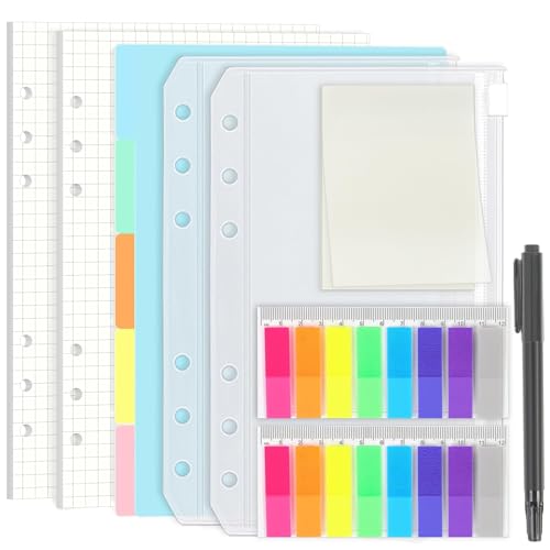 SKYDUE A5 Ringbuch Nachfüllbar Set - Kariert, Polypropylen, 90 Blätter (180 Seiten), 5 Trennblätter, Bunte Haftnotizen, 2 Umschläge, Zeitgenössisch von SKYDUE