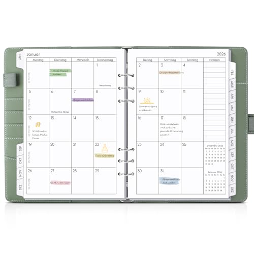 SKYDUE Kalender Ringbuch A5, Ringbuch A5 Nachfüllbar Von September 2025 Bis Dezember 2026, Terminplaner 2026 Perfekt Für Schüler Und Berufstätige(Olivgrün) von SKYDUE