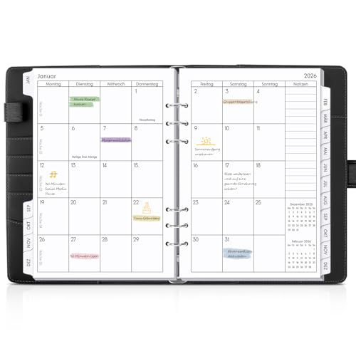 SKYDUE Kalender Ringbuch A5, Ringbuch A5 Nachfüllbar Von September 2025 Bis Dezember 2026, Terminplaner 2026 Perfekt Für Schüler Und Berufstätige(Schwarz) von SKYDUE