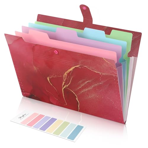 SKYDUE Ordnungsmappe A4, Mappe Mit Fächern, Dokumentenmappe A4 Mit Etiketten, Postmappe Mappen Ordnersystem, Fächermappe A4 Für Zuhause, Büro, Schule Und Auf Reisen (Marmorrot) von SKYDUE