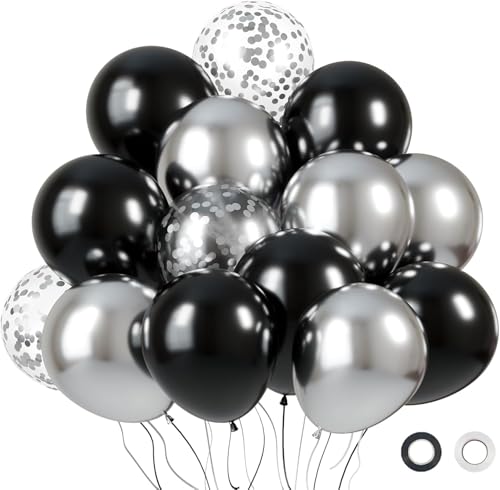 Luftballons Schwarz und Silber 60 Stück 12 zoll SKYIOL Schwarze Luftballons Latex Ballons Metallic Silber Ballons Konfettiballons für Geburtstag Hochzeit Babyparty Silvester Neujahr Deko T998 von SKYIOL