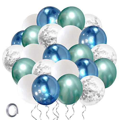 SKYIOL Luftballons Geburtstag Grün Blau Weiß Silber Helium Ballons 50 Stück 30 cm Metallic Konfetti Latex Ballons mit 10m Silber Band für Junge Baby Shower Hochzeit Taufe Party Dekoration von SKYIOL