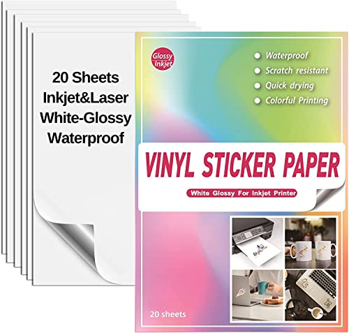 Sticker Papier zum Bedrucken A4 Glänzend Weiß, 20 Blätter SKYIOL VINYL Aufkleber Papier Wasserfest Bedruckbar für Tintenstrahldrucker Laser Drucker Inkjet Etiketten Papier Selbstklebend von SKYIOL