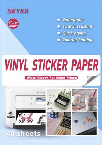 Sticker Papier zum Bedrucken für Tintenstrahldrucker A4 Glänzend Weiß, 40 Blätter SKYIOL VINYL Aufkleber Papier Wasserfest Inkjet Papier Etiketten Papier Selbstklebend von SKYIOL