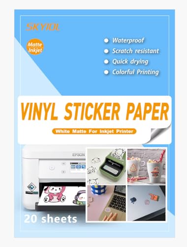 Sticker Papier zum Bedrucken A4 Matt Weiß, 20 Blätter SKYIOL VINYL Aufkleber Papier Wasserfest Bedruckbar für Tintenstrahldrucker Laser Drucker Inkjet Etiketten Papier Selbstklebend von SKYIOL