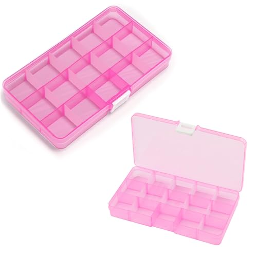 SKYPRO Kunststoff-Schmuckschatulle, Aufbewahrungsbox mit 15 Fächern, mit verstellbaren Trennwänden, Kunststofffach, Behälter für Perlenschmuck, Bastelzubehör (Rosa), 2 Stück von SKYPRO