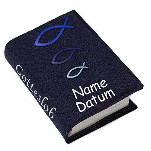 Gotteslob Gotteslobhülle Hülle Fische blau Filz mit Namen bestickt Einband Umschlag personalisierte Gesangbuchhülle, Farbe:navy von SL-Store GbR