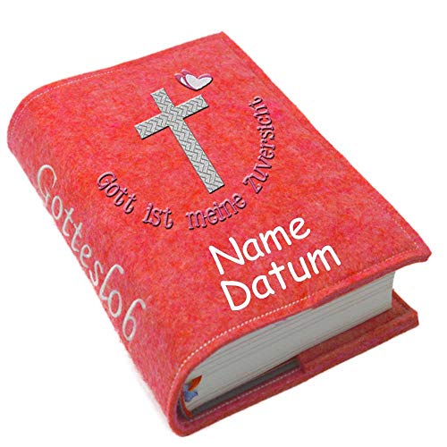 Gotteslob Gotteslobhülle Hülle Gott ist meine Zuversicht pink silber Filz mit Namen bestickt Einband Umschlag personalisierte Gesangbuchhülle, Farbe:rot meliert von SL-Store GbR
