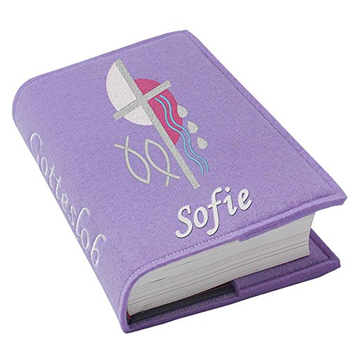 Gotteslob Gotteslobhülle Hülle Kreuz 2 pink Filz mit Namen bestickt Einband Umschlag personalisierte Gesangbuchhülle, Farbe:flieder von SL-Store GbR