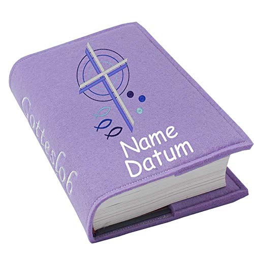 Gotteslob Gotteslobhülle Hülle Kreuz Fische blau Filz mit Namen bestickt Einband Umschlag personalisierte Gesangbuchhülle, Farbe:flieder von SL-Store GbR