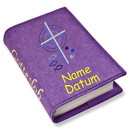 Gotteslob Gotteslobhülle Hülle Kreuz Fische blau Filz mit Namen bestickt Einband Umschlag personalisierte Gesangbuchhülle, Farbe:lila von SL-Store GbR