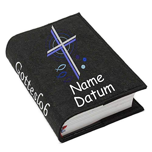Gotteslob Gotteslobhülle Hülle Kreuz Fische blau Filz mit Namen bestickt Einband Umschlag personalisierte Gesangbuchhülle, Farbe:schwarz von SL-Store GbR