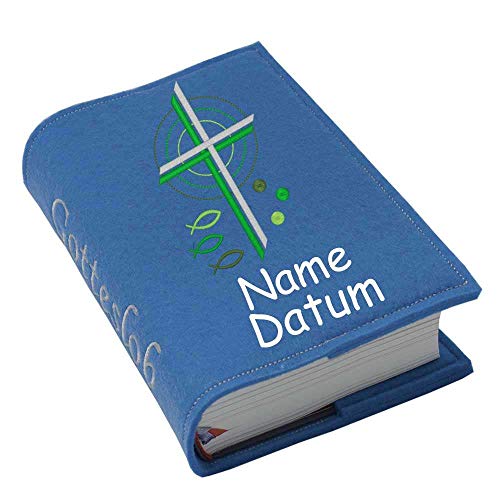 Gotteslob Gotteslobhülle Hülle Kreuz Fische grün Filz mit Namen bestickt Einband Umschlag personalisierte Gesangbuchhülle, Farbe:blau von SL-Store GbR