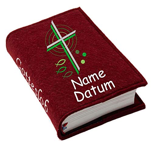 Gotteslob Gotteslobhülle Hülle Kreuz Fische grün Filz mit Namen bestickt Einband Umschlag personalisierte Gesangbuchhülle, Farbe:dunkelrot von SL-Store GbR