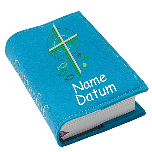Gotteslob Gotteslobhülle Hülle Kreuz Fische grün Filz mit Namen bestickt Einband Umschlag personalisierte Gesangbuchhülle, Farbe:türkis von SL-Store GbR