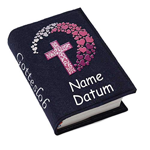 Gotteslob Gotteslobhülle Hülle Kreuz Herzen pink Filz Namen bestickt Einband Umschlag personalisierte Gesangbuchhülle, Farbe:navy von SL-Store GbR