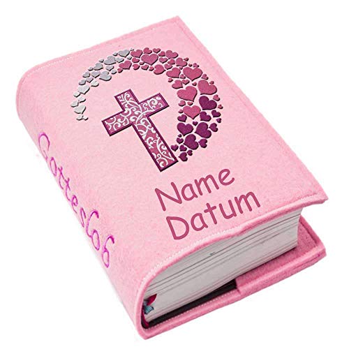 Gotteslob Gotteslobhülle Hülle Kreuz Herzen pink Filz Namen bestickt Einband Umschlag personalisierte Gesangbuchhülle, Farbe:rosa von SL-Store GbR