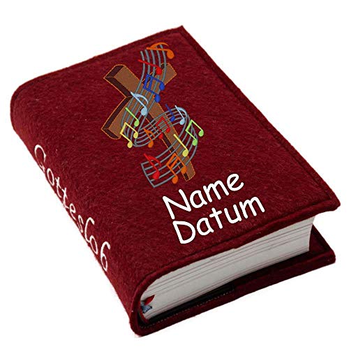 Gotteslob Gotteslobhülle Hülle Kreuz Noten Regenbogen Filz mit Namen bestickt Einband Umschlag personalisierte Gesangbuchhülle, Farbe:dunkelrot von SL-Store GbR