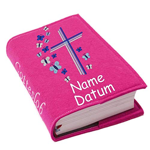 Gotteslob Gotteslobhülle Hülle Kreuz Schmetterlinge blau Filz Namen bestickt Einband Umschlag personalisierte Gesangbuchhülle, Farbe:pink von SL-Store GbR
