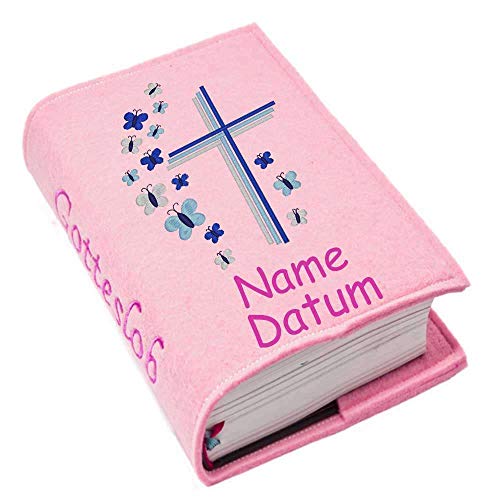 Gotteslob Gotteslobhülle Hülle Kreuz Schmetterlinge blau Filz Namen bestickt Einband Umschlag personalisierte Gesangbuchhülle, Farbe:rosa von SL-Store GbR