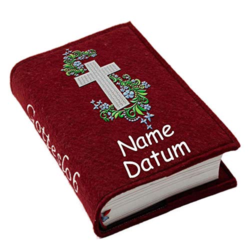 Gotteslob Gotteslobhülle Hülle Kreuz silber Ranke grün hellblau Filz Namen bestickt Einband Umschlag personalisierte Gesangbuchhülle, Farbe:dunkelrot von SL-Store GbR