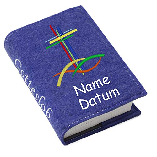 Gotteslob Gotteslobhülle Hülle bunte Kreuze Filz mit Namen bestickt Einband Umschlag personalisierte Gesangbuchhülle, Farbe:blau meliert von SL-Store GbR