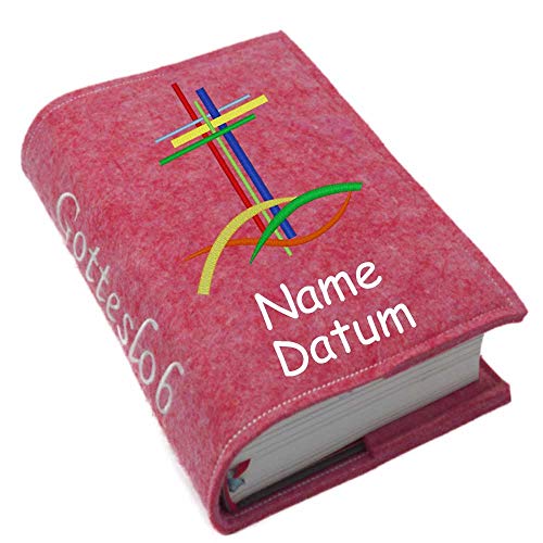 Gotteslob Gotteslobhülle Hülle bunte Kreuze Filz mit Namen bestickt Einband Umschlag personalisierte Gesangbuchhülle, Farbe:pink meliert von SL-Store GbR