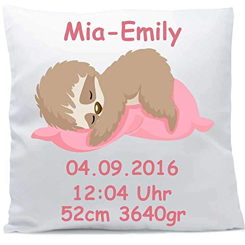 SL-Store GbR Kissen mit Namen Faultier Baby Mädchen 40x40 cm inkl. Füllung Kuschelkissen, Kissen Farbe:Vorderseite weiß glänzend/RS weiß glänzend von SL-Store GbR