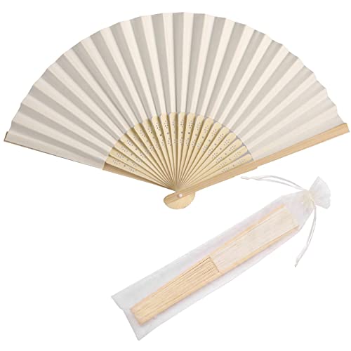 SL crafts 50 Stück Papier-Handfächer mit Geschenktüten, Bambus-Handfächer, dekorativer Papierfächer, Hochzeit, Party, Gastgeschenke (cremefarben) von SL crafts
