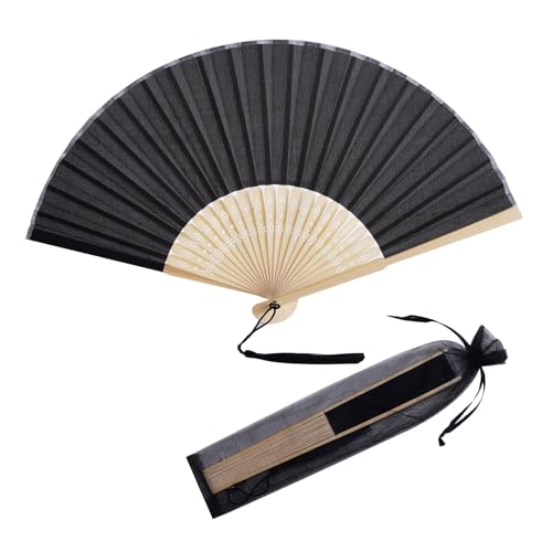 SL crafts Handfächer aus Kunstseide mit Quaste und Geschenktüten, Faltfächer, Bambus, gefaltet, Handfächer, Hochzeitsfächer, Brautschmuck, Tanzrequisiten, Hochzeitsfeier, Gastgeschenke (schwarz) von SL crafts