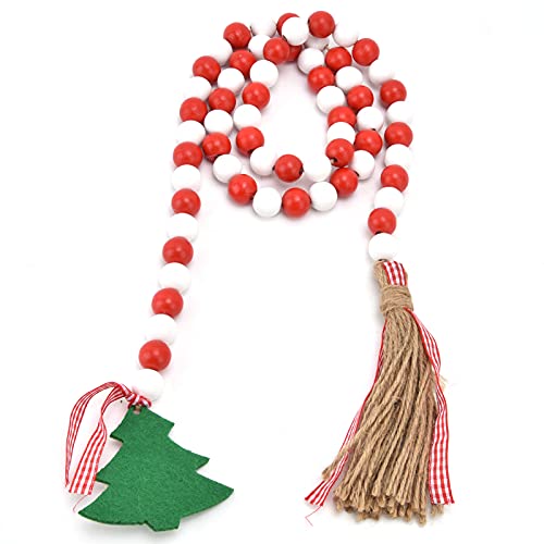 SLCHJX Weihnachts-Holzperlen-Quasten-Ornamente, Weihnachts-Holzperlen-Girlande mit Quasten und Weihnachtsbaumschmuck, Weihnachtsbaumschmuck, Perlendekoration (rot weiß) von SLCHJX