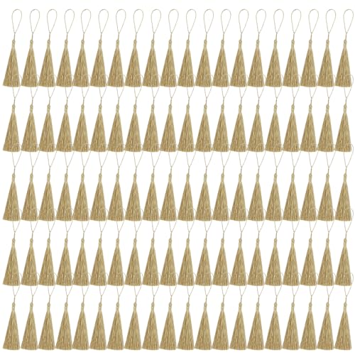 100 Stück Gold Quaste Anhänger DIY Dekorationen Lesezeichen Anhänger Schmuck Zubehör Geeignet für dekorative Lesezeichen, Handys, Kunsthandwerk, Ohrringe (Länge 13cm) von SLEEKEE
