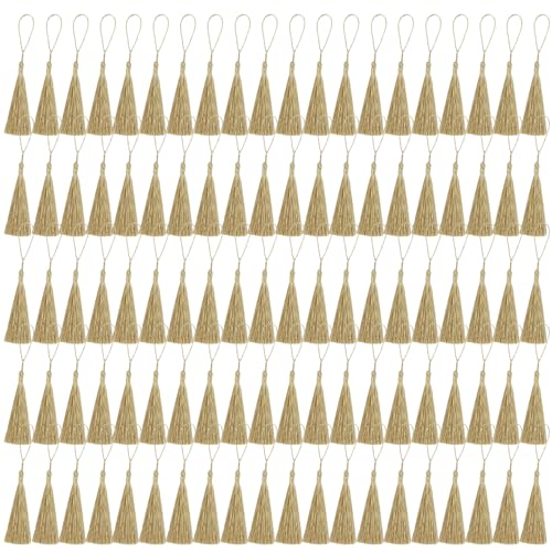 100 Stück Gold Quaste Anhänger DIY Dekoration Lesezeichen Anhänger Schmuckzubehör, geeignet für dekorative Lesezeichen, Handys, Kunsthandwerk, Ohrringe (Länge 13cm) von SLEEKEE