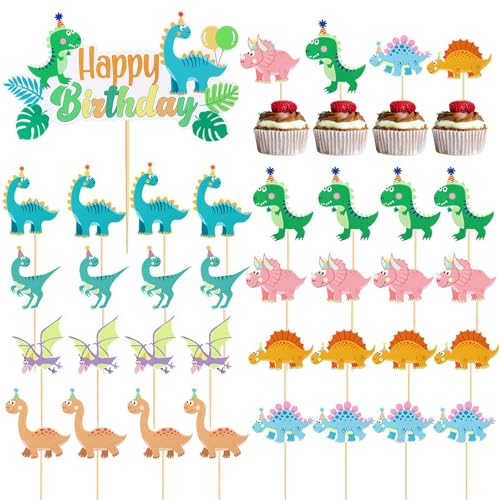 SLEEKEE 32 Stück Dinosaurier-Kucheneinsätze Und 1 Großer Dinosaurier-Happy-Birthday-Einsatz, Niedliche Cartoon-Kucheneinsätze, Kuchendekorationen SLEEKEE 32 Stück Dinosaurier-Kucheneinsätze Und 1 Großer Dinosaurier-Happy-Birthday-Einsatz, Niedliche Cartoon-Kucheneinsätze, Kuchendekorationen von SLEEKEE