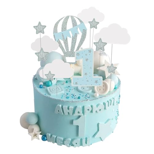 Tortenaufleger Zum 1. Geburtstag, 12 Stück 3D-Wolken-Kuchendekoration mit Heißluftballons, Heißluftballon-Kuchendekorationen für Den Ersten Geburtstag Eines Jungen (Blau) von SLIVERBA