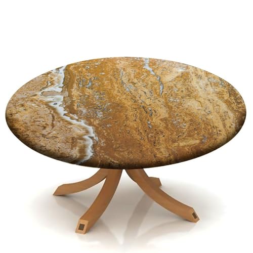 Runde Marmor-Tischdecke aus Polyester, gelbgoldener Marmor, elastischer Rand, Heimdekoration, flecken- und knitterfreie Tischdecken für Familienurlaub, Party, passend für 121,9 cm runde Tische von SLLART